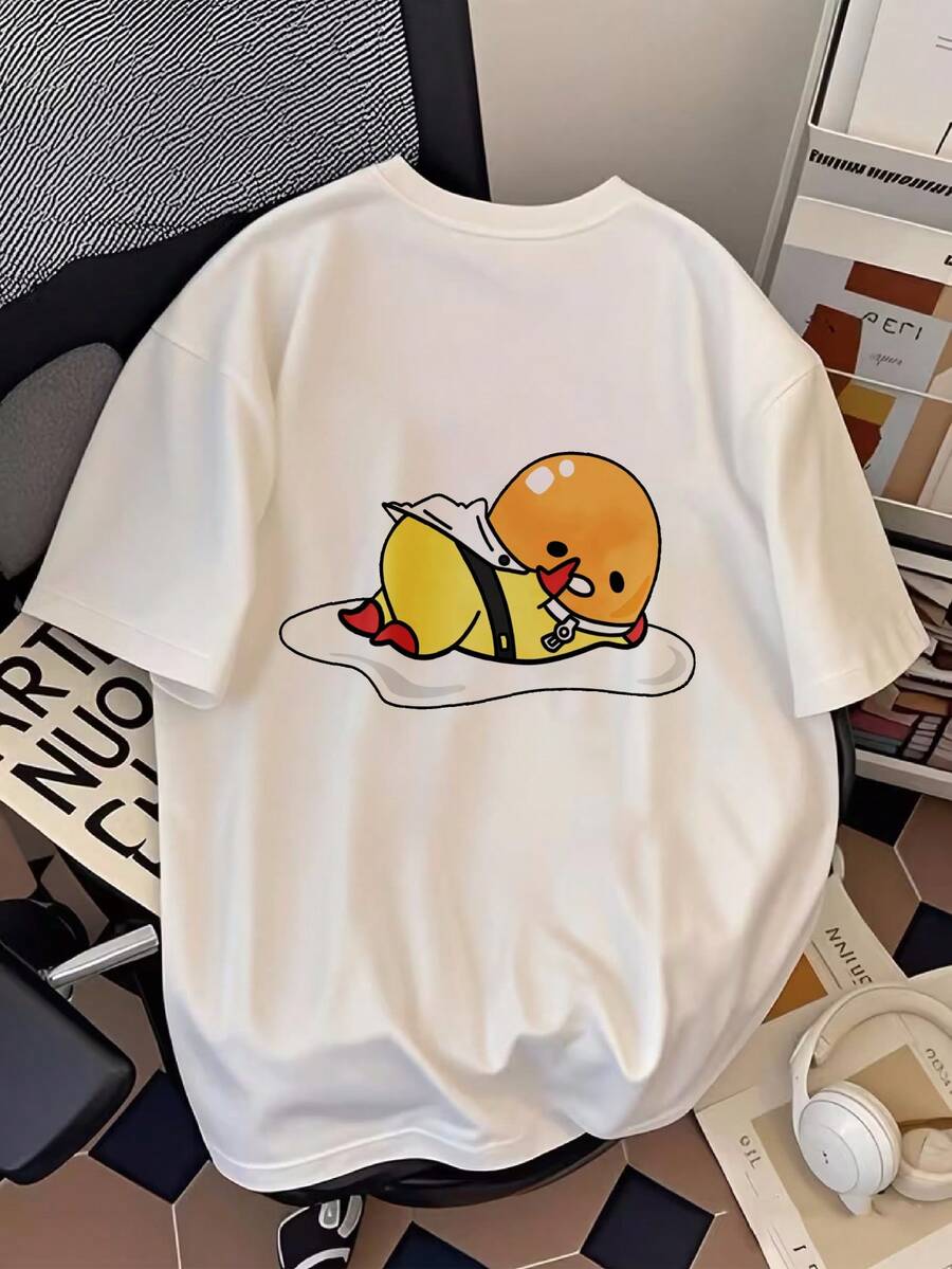 Camiseta de manga corta para mujer, en blanco y negro, con diseño de huevo perezoso de , casual y versátil, la primera opción para regalos de cumpleaños o de San Valentín. - Blanco - Ver 1