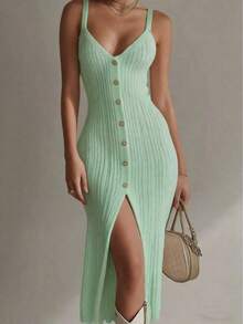 Vestido sin mangas elegante de mujer con abertura lateral, vestido casual de verano para vacaciones - verde menta - Ver 2