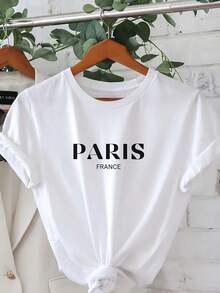 New Women's Casual Short Sleeve Crew Neck T-Shirt With Paris Letter Print Design, Perfect For Spring And Summer. Unisex Vintage Style, Loose Fit Cotton Short Sleeve Crew Neck T-Shirt. - 白色 - 查看 7