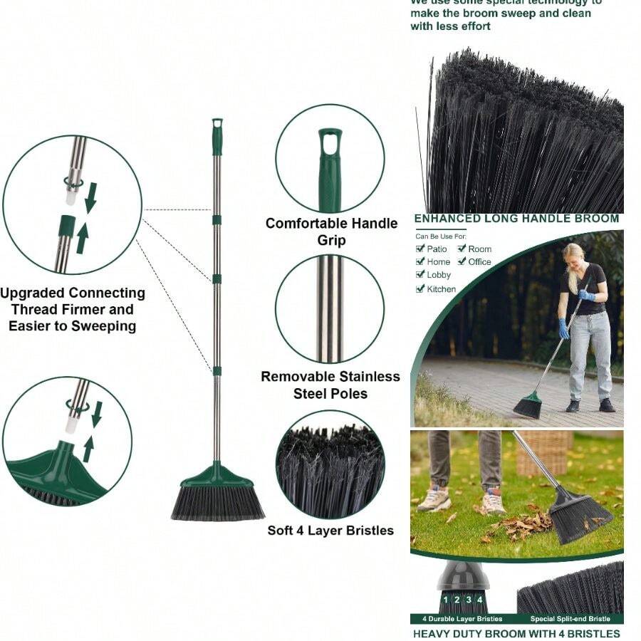 Broom Outdoor Indoor Commercial Broom With 50 Inches Long Handle, Perfect For Home Courtyard Garage Kitchen Office Lobby Room Floor(Black) - mặc định - Xem 1