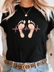 T-Shirt With Footprint And Heartbeat Print, Short Sleeve And Round Neck, Casual Top For Summer And Spring, Women's Clothing - Black - View 1