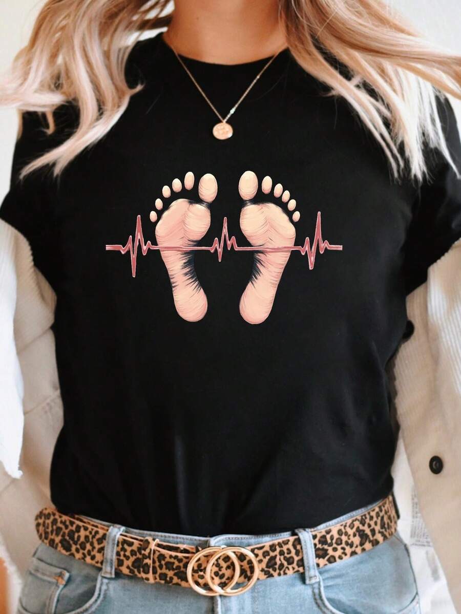 T-Shirt With Footprint And Heartbeat Print, Short Sleeve And Round Neck, Casual Top For Summer And Spring, Women's Clothing - Black - View 1