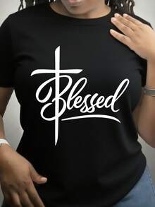 Plus Size T-Shirt - Women's T-Shirt With Fun Print - Casual Short Sleeve Crew Neck T-Shirt, Loose Fit, Machine Washable For All Seasons Comfort, Durable Print, Suitable For Christmas, Valentine's Day And Other Holiday Gifts, Shipped From Local Warehouse. - 黑色 - 查看 1