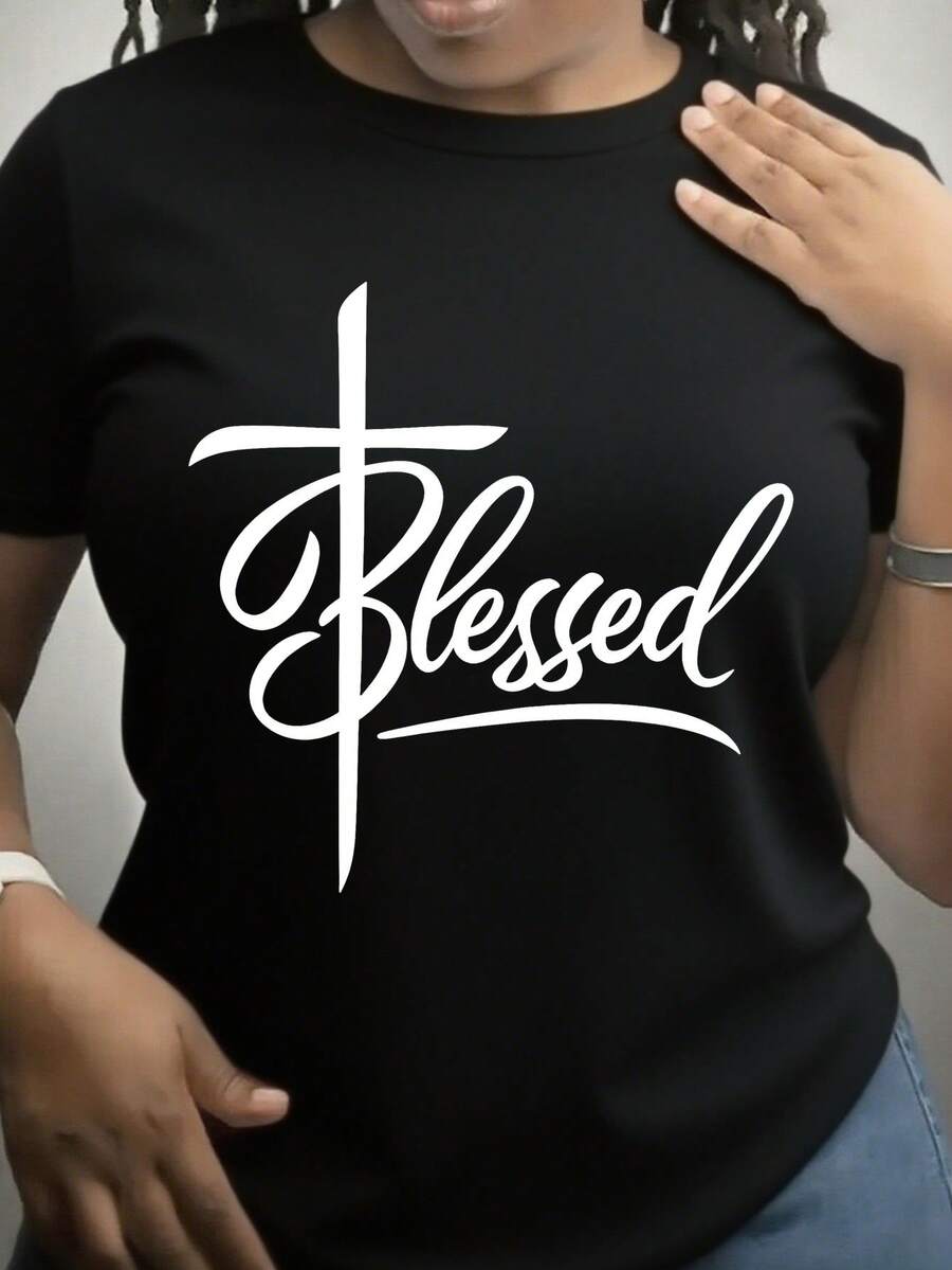 Plus Size T-Shirt - Women's T-Shirt With Fun Print - Casual Short Sleeve Crew Neck T-Shirt, Loose Fit, Machine Washable For All Seasons Comfort, Durable Print, Suitable For Christmas, Valentine's Day And Other Holiday Gifts, Shipped From Local Warehouse. - 黑色 - 查看 1