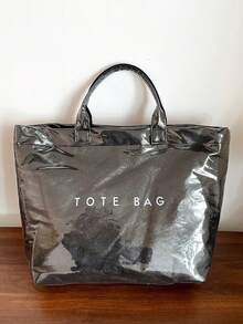 Letter Print Large Capacity PVC Transparent Tote Bag, Fashion Beach Vacation Handbag For Women - Black - View 7