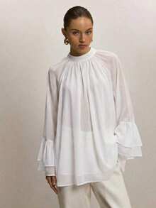 Blusa suelta de moda con mangas acampanadas y cuello raglan de unicolor para mujer - Blanco - Ver 4