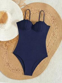 Traje de baño de una pieza para mujer de ajuste ceñido, con tejido texturizado, recogido y con lazo ajustable en la espalda, para uso playero y tiempo libre en verano - Azul marino - Ver 5