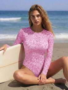 Traje de baño de una pieza con estampado floral y manga larga para mujer, ideal para la playa y vacaciones casuales - Rosa Pálido - Ver 6