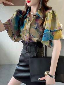 Camisa elegante de mujer con mangas de volantes de doble capa, botones de perla y estampado floral, adecuada para uso diario, vacaciones y verano - Multicolor - Ver 3