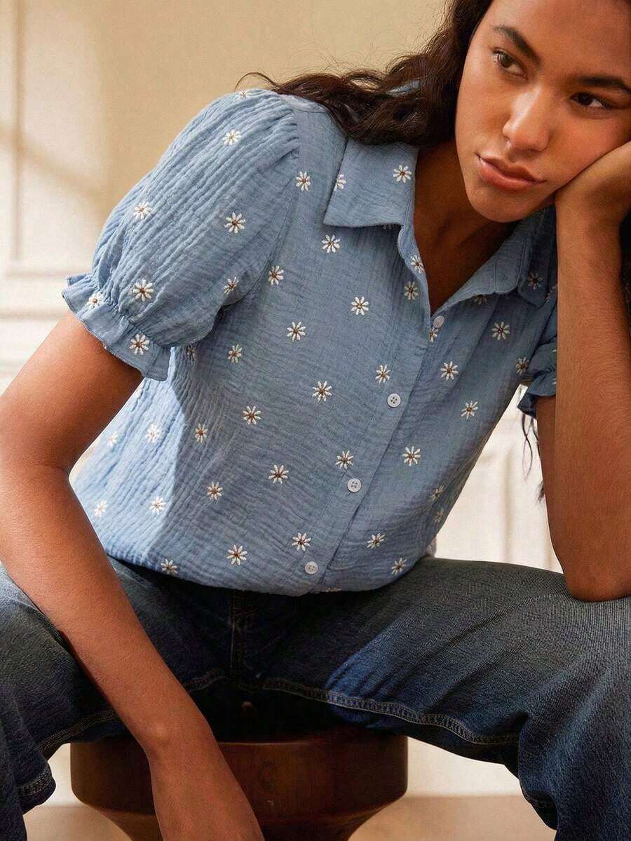 Blusa suelta con bordado elegante y de estilo retro francés, adecuada para mujeres jóvenes en primavera/verano - Celeste - Ver 1