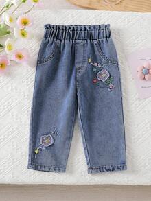 Pantalones vaqueros de niña con cintura elástica y bordado floral, pantalones casuales de moda callejera para exteriores - Azul - Ver 1