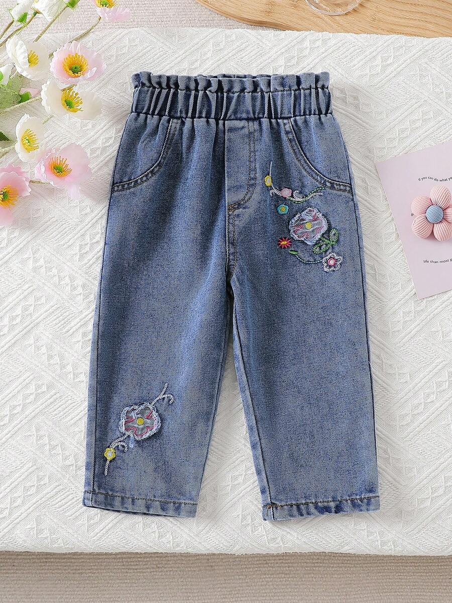 Pantalones vaqueros de niña con cintura elástica y bordado floral, pantalones casuales de moda callejera para exteriores - Azul - Ver 1