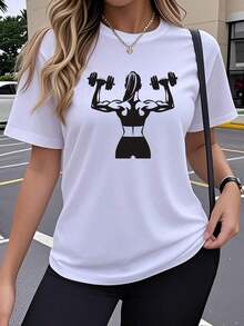 Camiseta Deportiva para Mujer, Rosa, Estilo Y2K - Manga Corta, Cuello Redondo, Alta Elasticidad, Estampado con Diseño de Mujer Muscular Levantando Pesas, Ropa Casual y Deportiva |     Moda Y2K |     Camiseta Elástica y Relajada de Talla Grande - Estilo - Ver 6