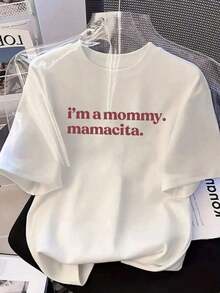 Women's Burgundy Casual T-Shirt With The Phrase "I Am Mama". Short-Sleeved T-Shirt With "Mamacita" Print, Lightweight And Modern Style For Moms, Suitable For Vacation, Summer, Spring, White Color. - 黑色 - 查看 4