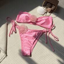 Nuevo bikini de dos piezas sin tirantes, de color sólido y con estampado floral brillante. - Negro - Ver 3