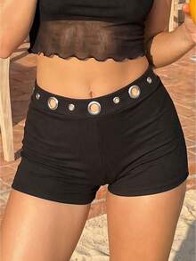 Women's Summer Shorts Slim Fit Casual Stylish Eyelet Design Low Rise Shorts for Daily Life - Negro - Ver 1