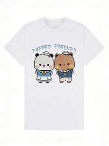 Camiseta de verano para mujer, casual, de cuello redondo y manga corta, con un estampado dulce de dos adorables osos marineros con uniformes azules y la frase "Forever". Color negro. - Blanco - Ver 5