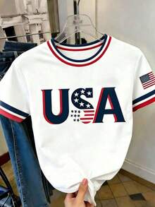 Short-Sleeved, Round-Neck T-Shirt With A Cartoon Rabbit Design, Ideal For Casual Wear At Easter - 白色的 - 查看 1