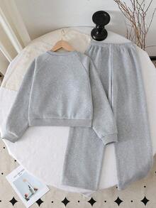 Tween Girl Bow Pattern Print Crew Neck Sweatshirt And Bow Decor Pants - Grey - View 2