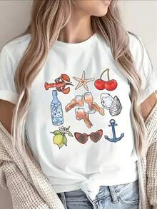 Camiseta de manga corta ligera y duradera, con un diseño estampado de playa veraniega, ideal para salir a cenar o para excursiones casuales al aire libre, con diseños de langostas, estrellas de mar, cerezas y anclas, perfecta para vacaciones y uso diario. - Blanco - Ver 7