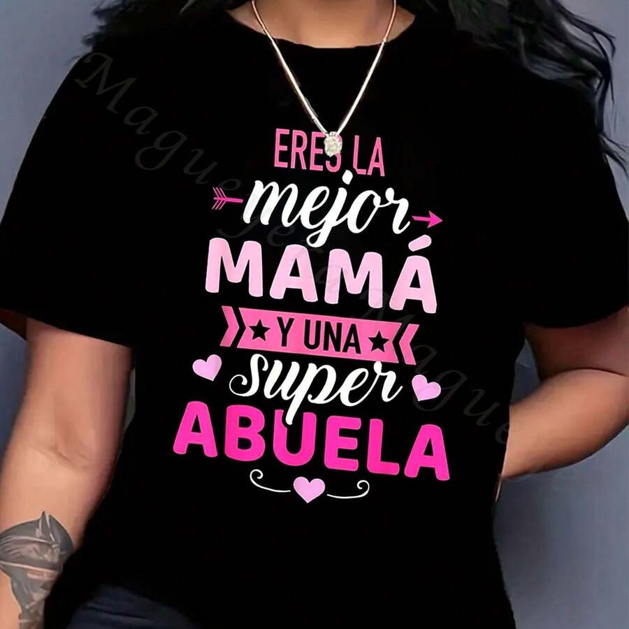 Oversize Camiseta Extra Grande de Algodón Suave para Mujeres con Estampado Gráfico de Slogan "Eres La Mejor Mamá Y Una Super Abuela", Camiseta de Manga Corta con Cuello Redondo, Lavable a Máquina, Camiseta Casual y Cómoda para Todas las Estaciones - Regalo para el Día de la Madre, 100% Algodón - negro - Ver 1