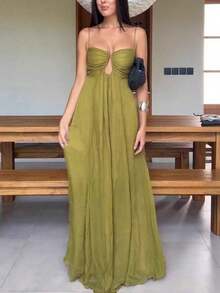 Vestido largo de gasa sin mangas, sexy y acampanado con detalle de varillas, perfecto para un elegante día de verano o un evento formal. - Verde militar - Ver 3