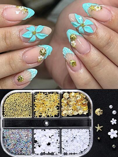 1Box 3D Ocean Nail Charms White Petals, Seashells, And Starfish Metal Studs; Mixed Pearl And Gemstone Nail Charms. Y2K-Style Cute Nail Decorations, Nail Salon Accessories, And DIY Nail Art Supplies.