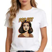 Camiseta de algodón de manga corta con estampado gráfico de arte pop para mujer, top casual y lindo con cuello redondo. - Blanco - Ver 3