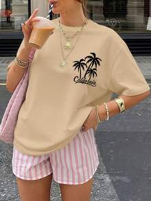 Camiseta deportiva casual versátil de verano para mujer, con estampado de palmeras al atardecer y estilo retro de la  oeste de California, adecuada para uso diario en casa, salidas o como regalo. - Albaricoque - Ver 2