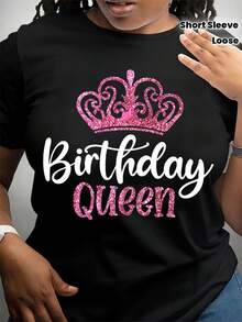 Ropa de mujer de talla grande, camiseta casual estampada, diseño de corona de reina de cumpleaños con lentejuelas, cuello redondo suave, ligera y transpirable, ajuste cómodo, mangas cortas casuales, lavable a máquina, adecuada para uso diario, top holgado. | Camiseta estampada | Estilo largo - Negro - Ver 3
