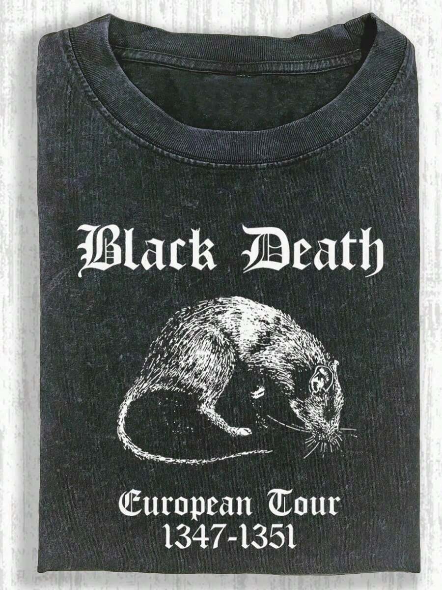 Mouse Tour Black Death, 230g, Camisetas Estampadas, Algodón Batik de Alta Calidad, Camisetas de Marca de Moda Retro de Alta Calidad para Hombre, Camisetas Casuales de Cuello Redondo Holgadas de Talla Grande para Hombre, Unisex, Regalos Japoneses, Regalos Perfectos. - Negro - Ver 1