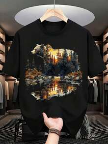 Camiseta con estampado gráfico de oso, reflejo del atardecer en el bosque, naturaleza y vida silvestre.Es una camiseta perfecta para regalar a amigos y familiares en cualquier fiesta u ocasión festiva, 220g - Negro - Ver 2