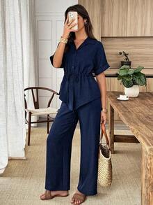 Conjunto de 2 piezas de camisa y pantalones de unicolor con cordón en la cintura, estilo casual de verano - Azul marino - Ver 6