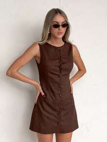 Vestido tipo tirante de algodón puro 2026, corte A ajustado, estilo elegante y sofisticado. - Café - Ver 1
