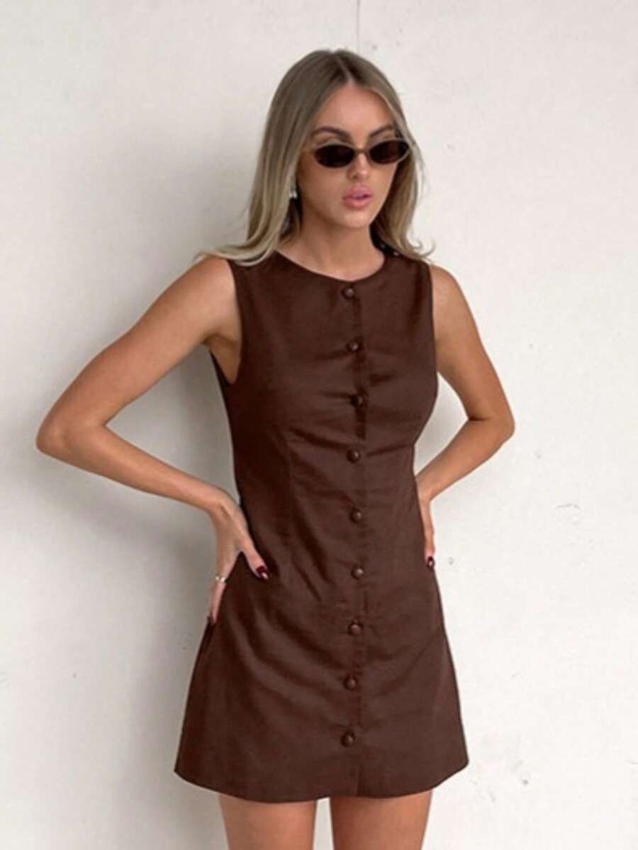 Vestido tipo tirante de algodón puro 2026, corte A ajustado, estilo elegante y sofisticado. - Café - Ver 1