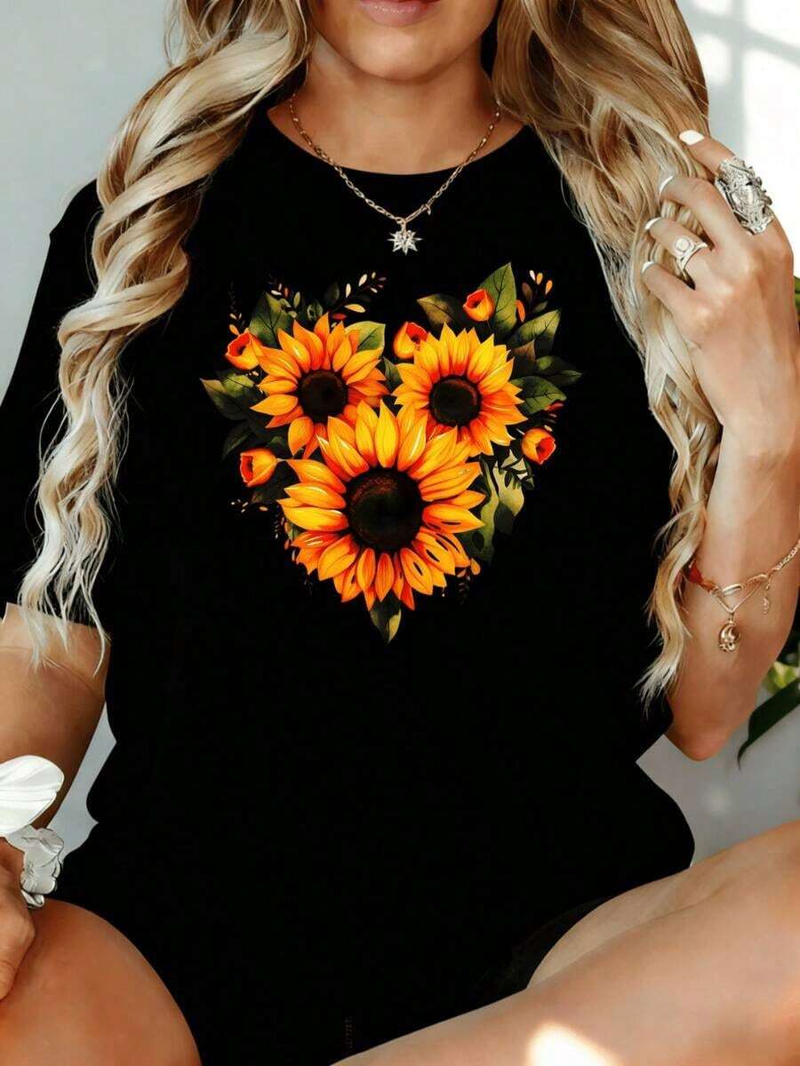 Camiseta Holgada para Mujer con Estampado de Corazón de Girasol, Diseño Floral, Cuello Redondo Blanco, 180g, para Ocio en Casa, Aire Libre, Regalo para el Día de San Valentín o Fiesta - Negro - Ver 1