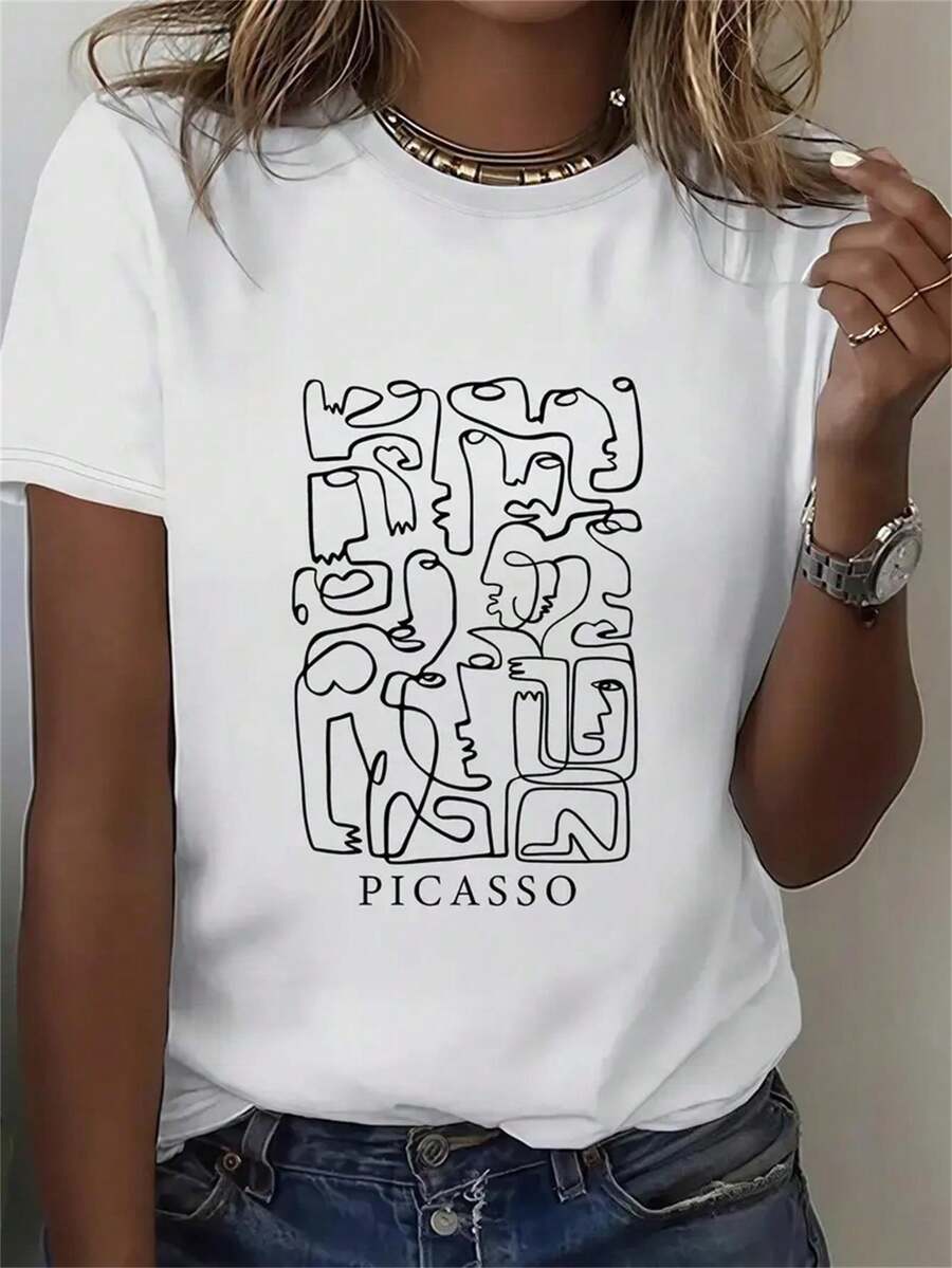 Ropa de mujer: 1 camiseta de mujer con líneas faciales abstractas al estilo Picasso, en un estilo artístico cubista en blanco y negro. Presenta estampados geométricos y un diseño moderno minimalista, con corte holgado, cuello redondo y mangas cortas. Tops de verano para mujer - Blanco - Ver 1