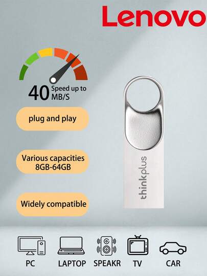  ThinkPlus USB Flash Drive TU201PLUS 8GB/16GB/32GB/64GB USB2.0 Metal Thumb Drive, Plug And Play, Waterproof, Silver