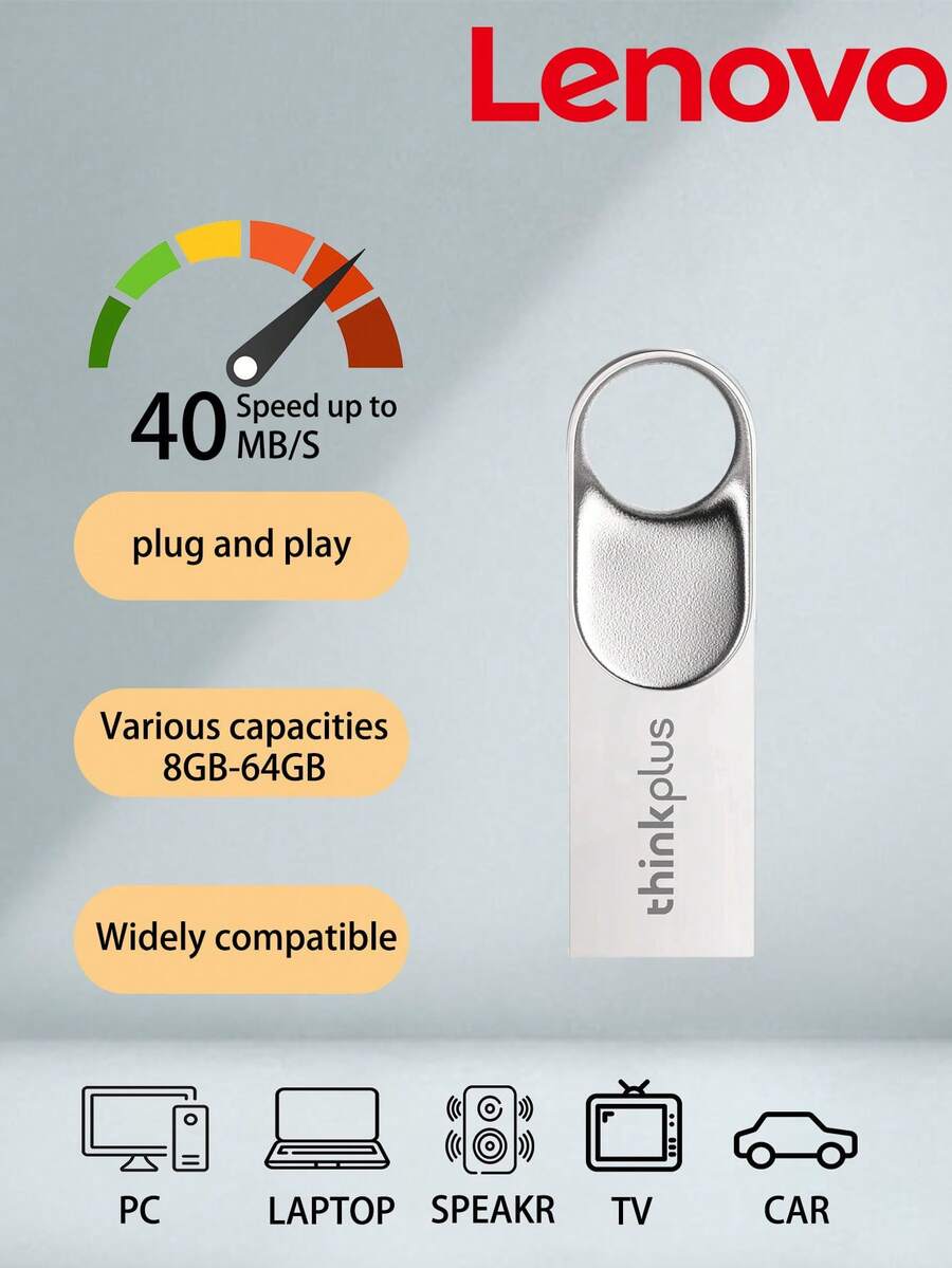 ThinkPlus TU201PLUS USB闪存盘 8GB/16GB/32GB/64GB USB2.0金属U盘,即插即用,防水,银色 - 查看 1