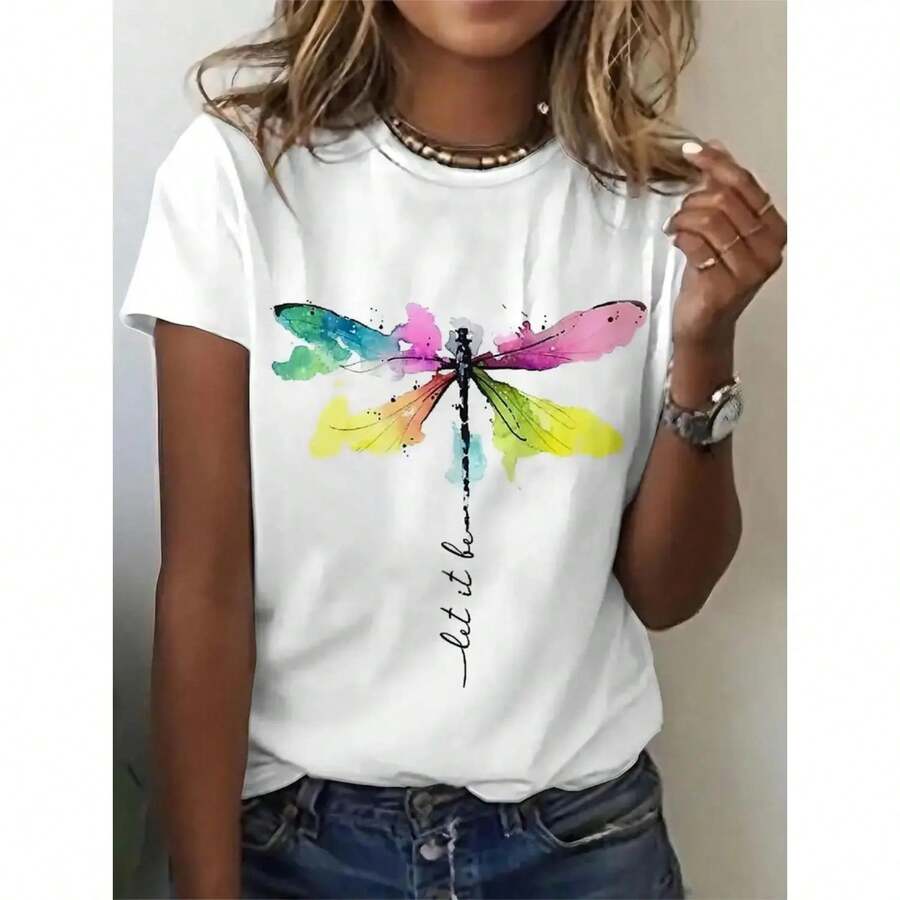 Camiseta Blanca Casual de Moda para Mujer, Diseño de Libélula con Frase Inspiradora, Camiseta de Manga Corta con Cuello Redondo, Estilo Veraniego - Blanco - Ver 1