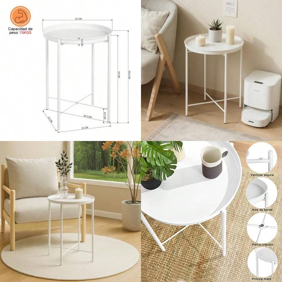 GOMYHOME Bandeja Mesa Auxiliar de Metal Mesas Laterales Redondas Pequeñas Mesita de Noche de Metal Mesa Auxiliar para refrigerios con Bandeja Extraíble para Sala de Estar Dormitorio Blanco - Blanco - Ver 1