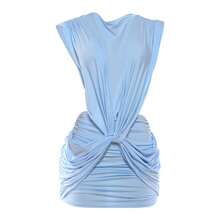 Nuevo Vestido Solido Cuello en V Profundo Sin Mangas Estilo Sensual - Azul - Ver 8