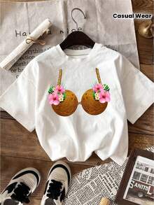 Camiseta de Fiesta Hawaiana para Mujer - Estampado de concha de coco y corona, top de manga corta con cuello redondo, tela transpirable semitransparente, estilo tropical de playa, adecuada para uso casual en primavera y verano, diseño divertido de verano, estilo vibrante. - Blanco - Ver 1