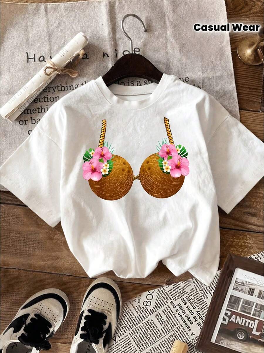 Camiseta de Fiesta Hawaiana para Mujer - Estampado de concha de coco y corona, top de manga corta con cuello redondo, tela transpirable semitransparente, estilo tropical de playa, adecuada para uso casual en primavera y verano, diseño divertido de verano, estilo vibrante. - Blanco - Ver 1