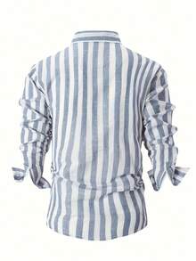 Best-Selling Linen Striped Men's Summer Casual Long Sleeve Button-Down Collared Shirt, Minimalist Style Versatile For Outings And Commuting, Essential Plus Size Shirt For Men - Dusty Blue - View 3