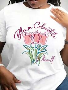 Camiseta Suave y Transpirable para Mujer - Estampado Floral de Tulipanes y Rosa Vibrante, Cuello Redondo, Camiseta Casual, Fibra Natural, Lavable a Máquina para Conjuntos de Primavera y Verano, Camiseta Casual con Diseño de Tulipanes Vibrantes, Material Transpirable - Blanco - Ver 6