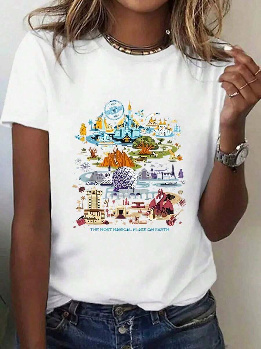 Ropa Curvy En Oferta Y Una Camiseta De Manga Corta Para Mujer, Transpirable, Suave Y Casual, Adecuada Para Actividades Al Aire Libre En Primavera Y Verano, 1 Pieza, Camiseta Con Estampado De Guitarra Castillo, Camiseta De Manga Corta Con Cuello Redondo Para Mujer, Top Deportivo Casual Transpirable, Regalo Para Vacaciones.Blusas Para Mujer,Blusas Casuales Para Dama,Tops,, Mujer Premium,Y2K,Playeras De Mujer Curvy,Ofertas Y Liquidaciones Ropa Mujer,Playeras Deportivas Para Mujer,,Playeras De Hombre, Mujer,Blusas>Elegante 8I02Camisetas Para Mujer Y2K - Blanco - Ver 1