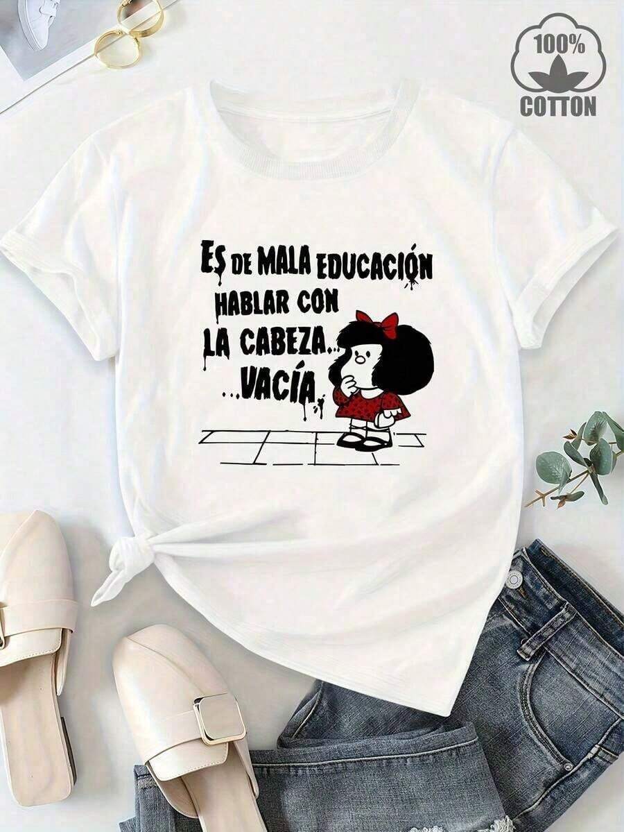 1 pcsCamiseta Gráfica Mafalda para Mujer - Top Casual con Frase en Español y Diseño Divertido de Dibujos Animados, Manga Corta Transpirable Cuello Redondo, Lavable a Máquina, Estilo Relajado, Moda Urbana, Ajuste Cómodo, Camisetas para Damas, Amantes de la Moda180g 100% Cotton100% Cotton - Blanco - Ver 1