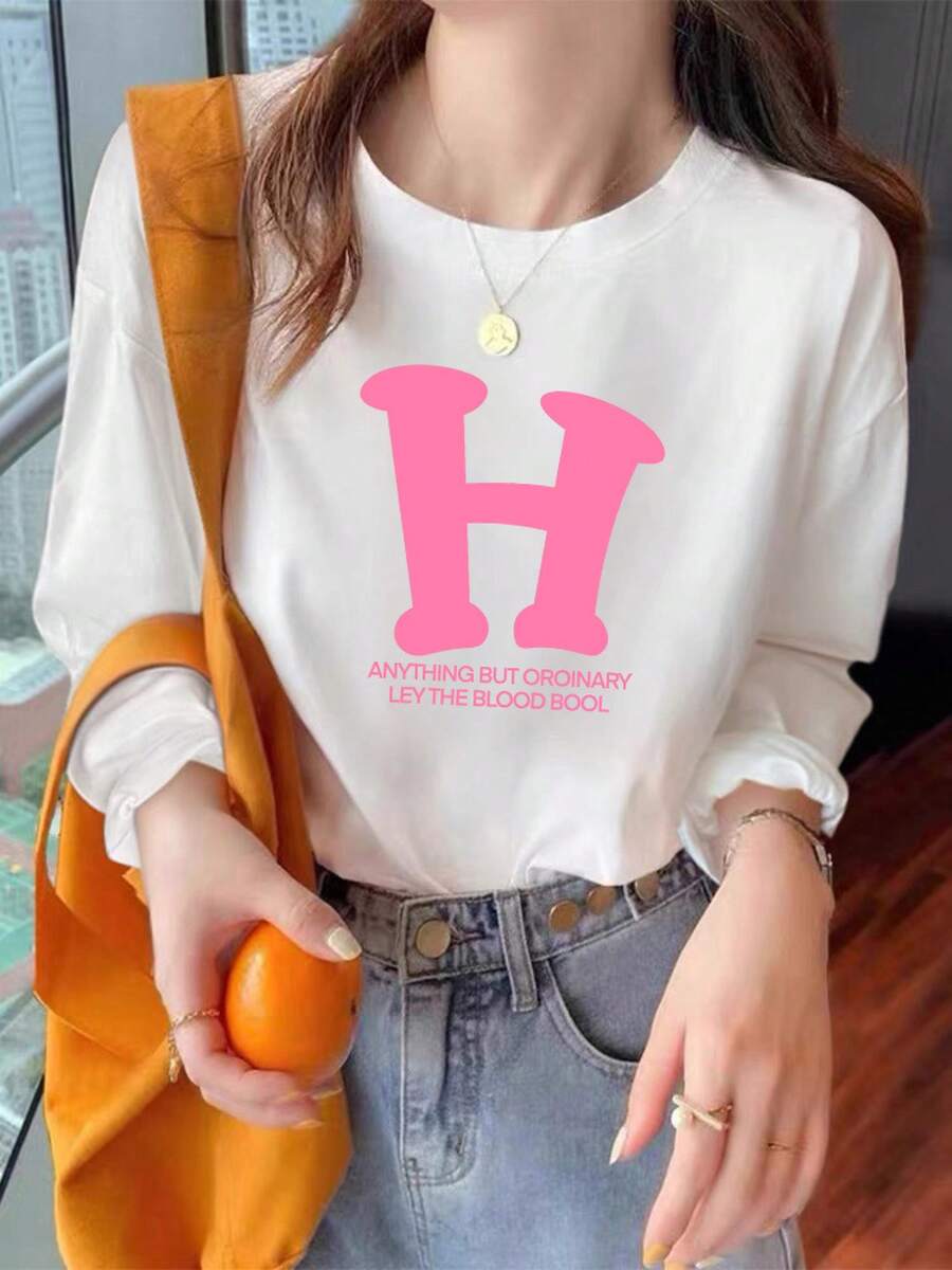 Camiseta con estampado de camisa casual para mujer, manga corta y cuello redondo, moda urbana local de primavera/verano camiseta unisex. 2K9J - H rosa de manga larga - Ver 1