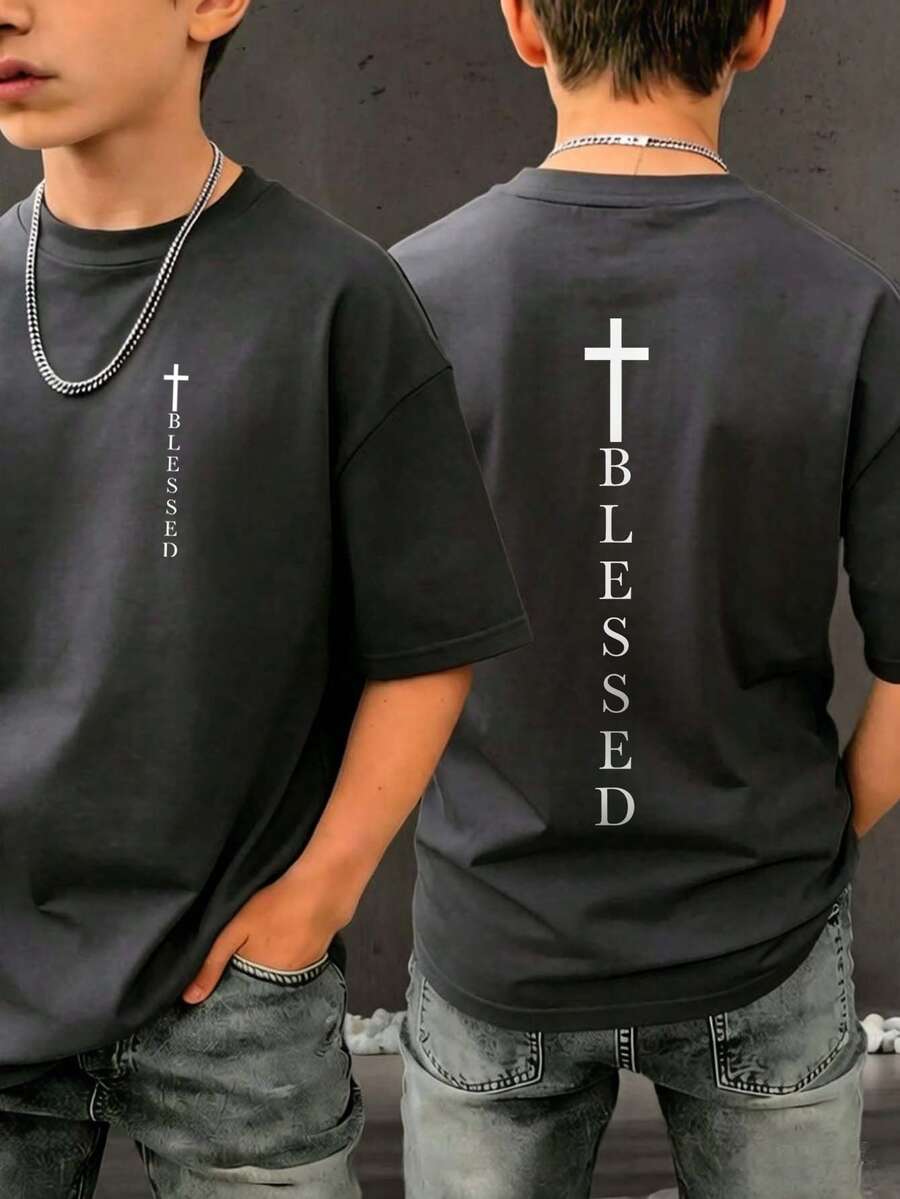 Tween Boy Casual Funny Print Crew Neck Short Sleeve T-Shirt, Summer Top - Dark Grey - View 1